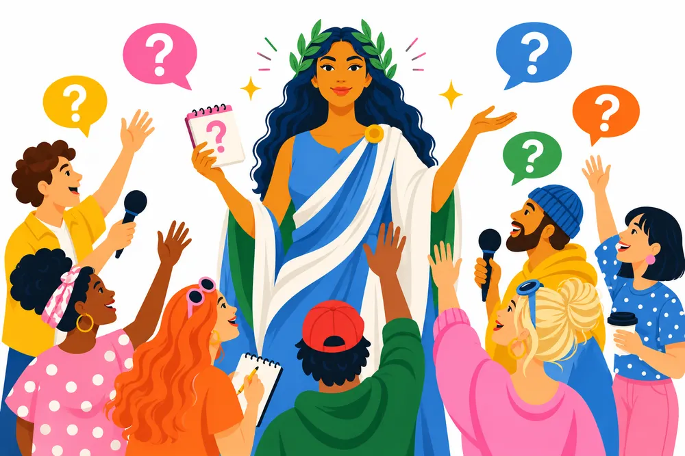 An illustration of the Muse figure fielding questions from a crowd of reporters holding microphones and notepads, with colorful question-mark speech bubbles overhead