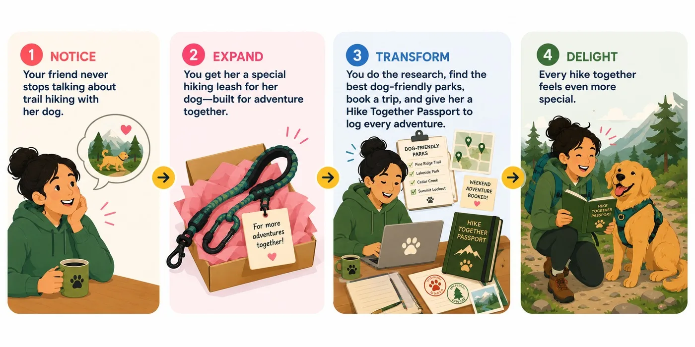 Notice: your friend never stops talking about trail hiking with her dog. Expand: you get her a special hiking leash built for adventure together. Transform: you research dog-friendly parks, book a trip, and give her a Hike Together Passport to log every adventure. Delight: every hike together feels even more special.