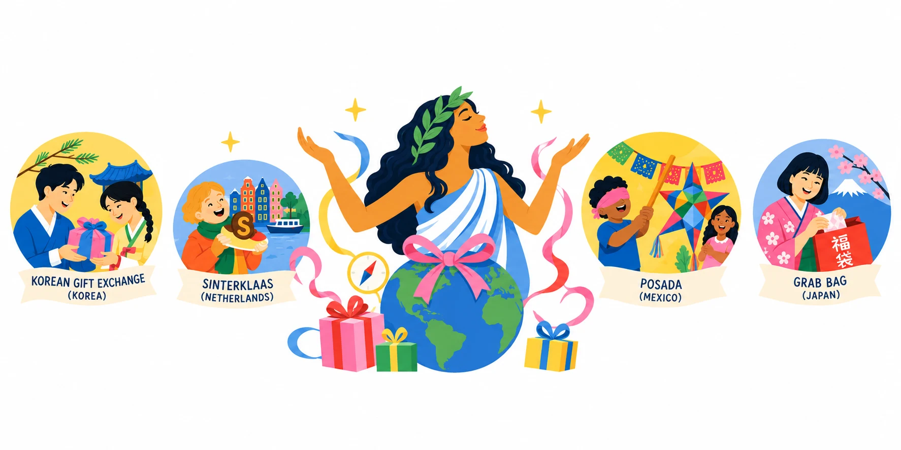 An illustrated goddess figure holds a gift-wrapped globe, surrounded by circular badges for Korean Gift Exchange, Sinterklaas (Netherlands), Posada (Mexico), and Grab Bag (Japan)