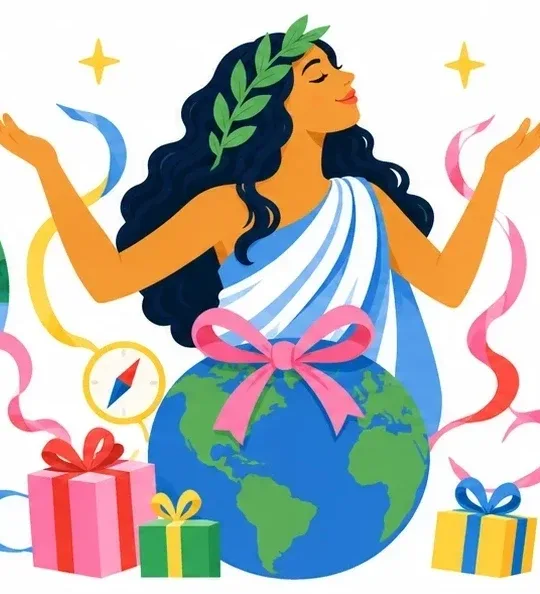 An illustrated goddess figure holds a gift-wrapped globe, surrounded by ribbons, gift boxes, and two sparkling stars