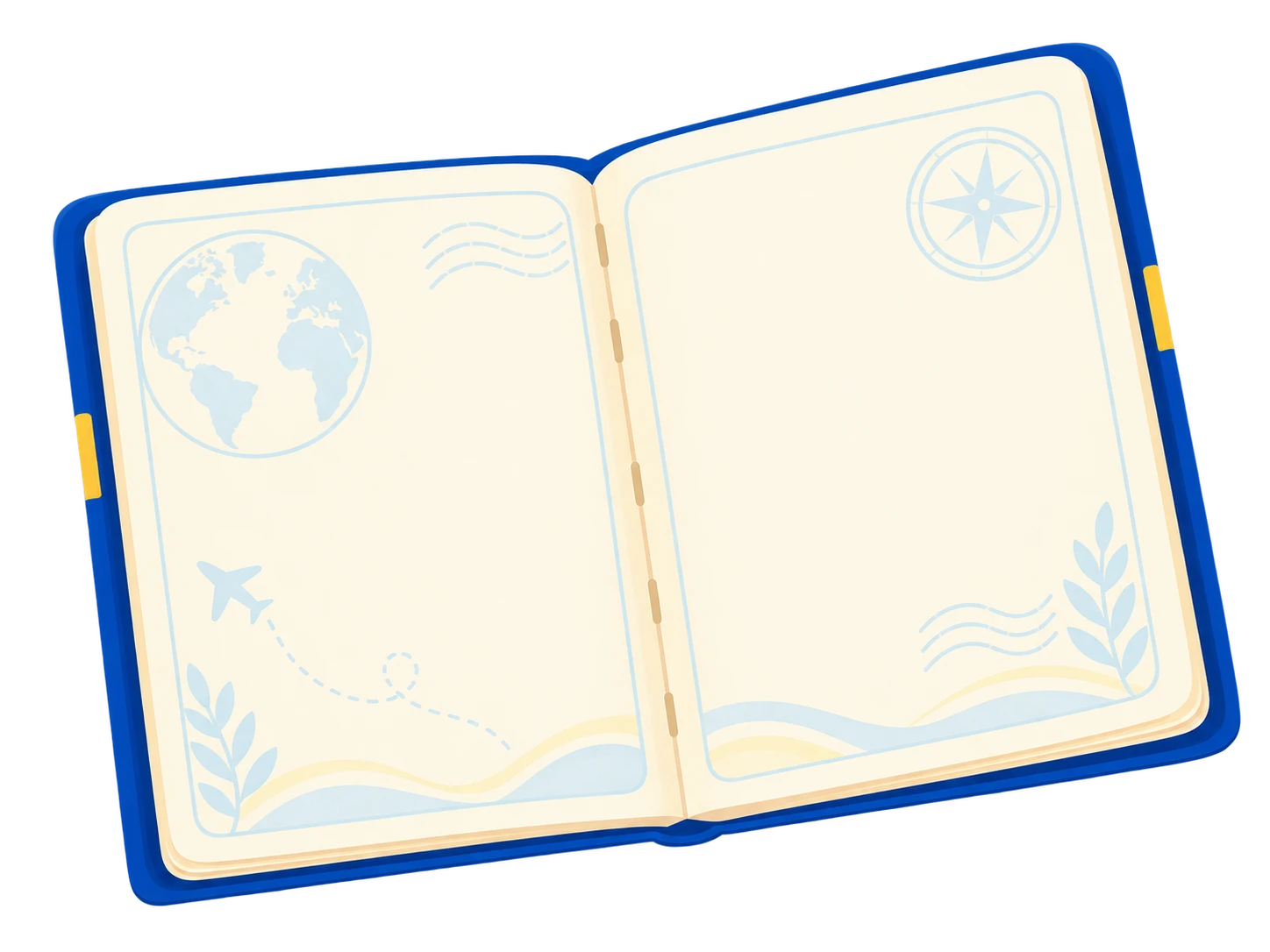 An open blue passport with blank cream pages