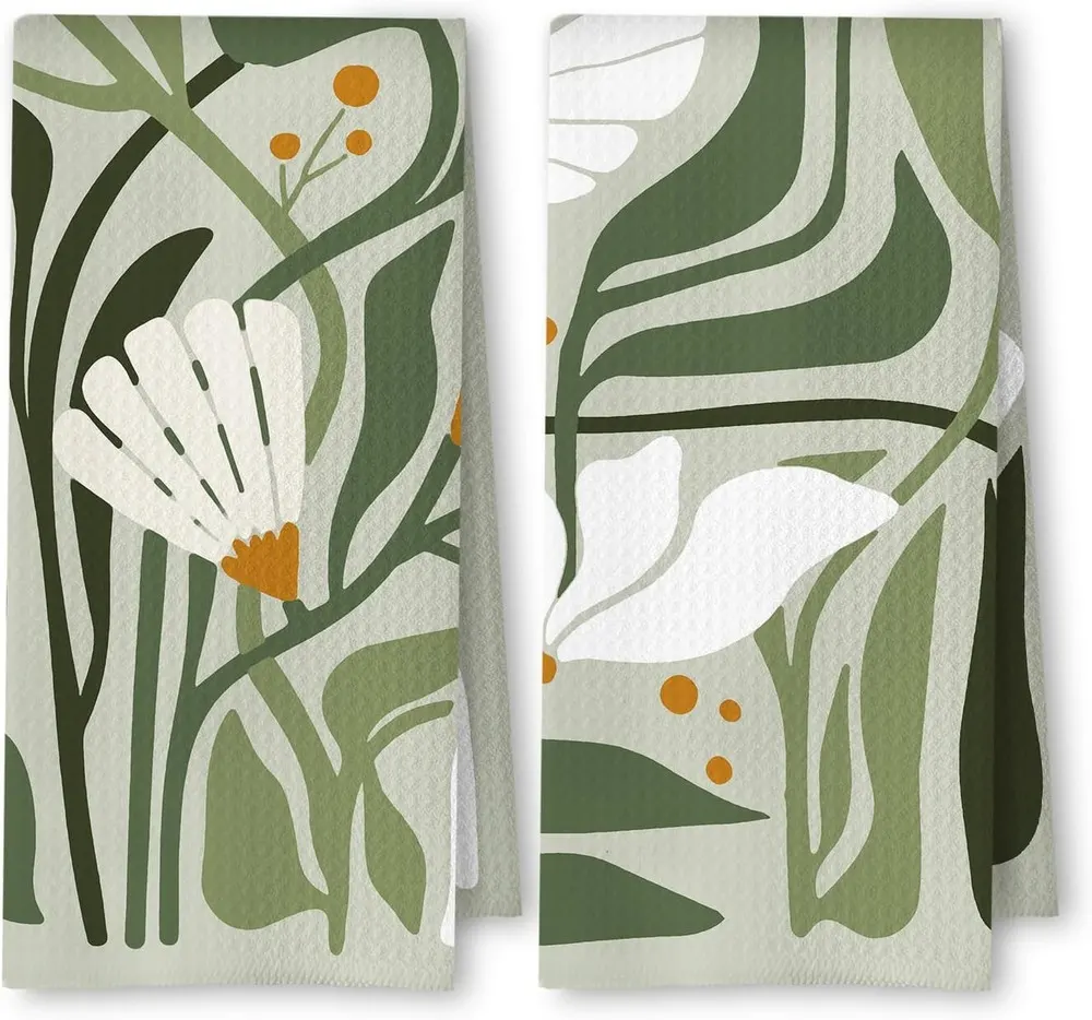 ArtisaEura Boho Sage Green Floral Kitchen Towels, Set of 2