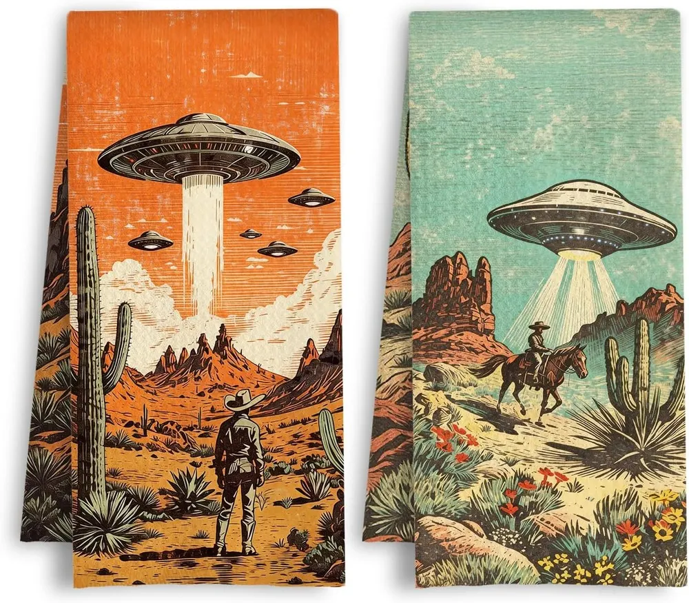 HSIASHENG Retro Sci-Fi Western Kitchen Towels, Set of 2