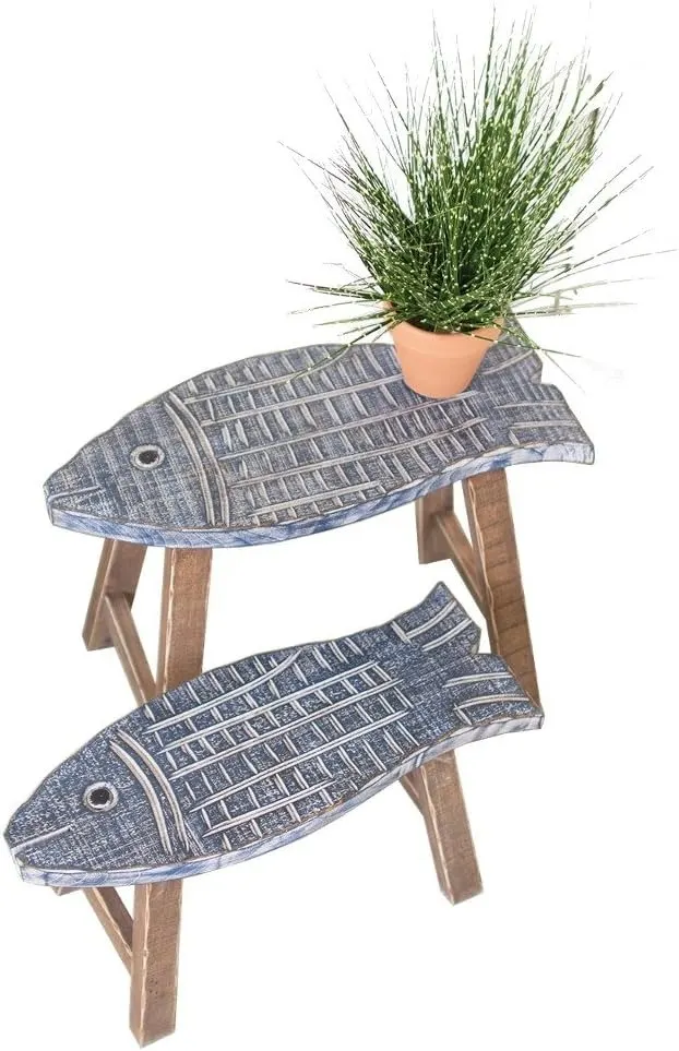 Kalalou Wooden Fish Stools, Set of Two