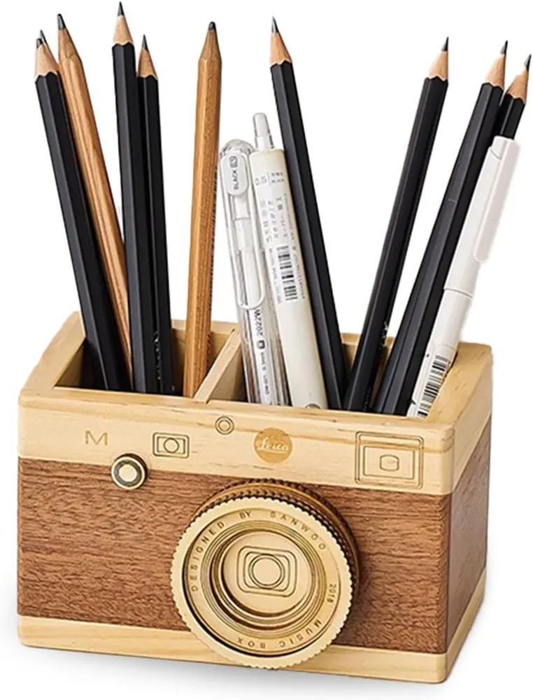 Milnnie Vintage Wooden Camera Pencil Holder