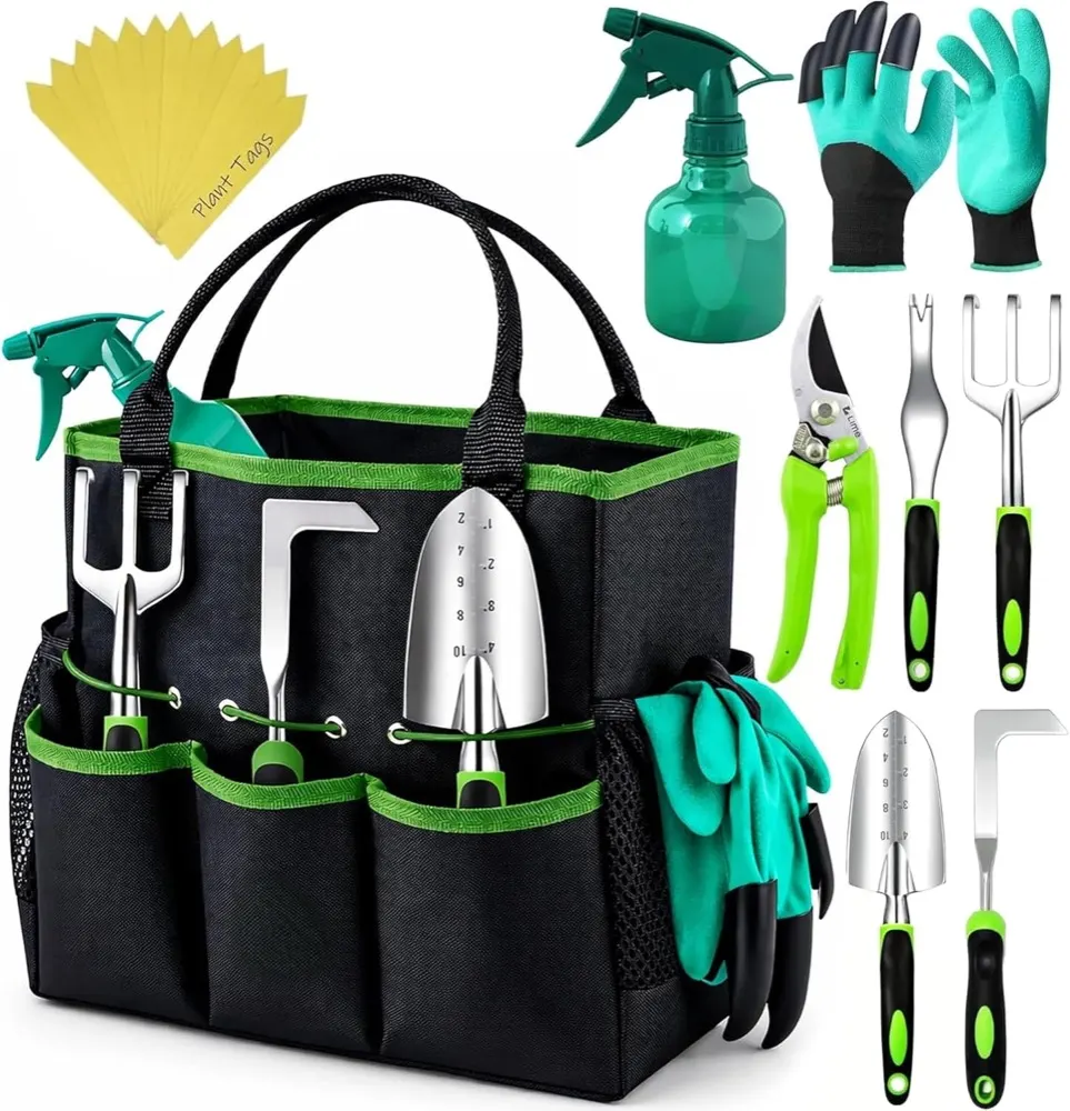 Garden Tool Tote, 8-Piece (Black & Green)