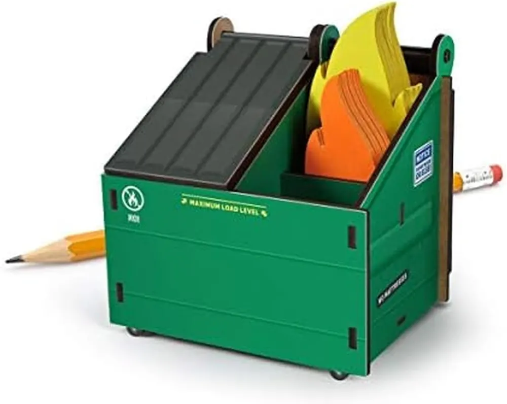 Desk Dumpster Pencil Holder with Flame Note Cards