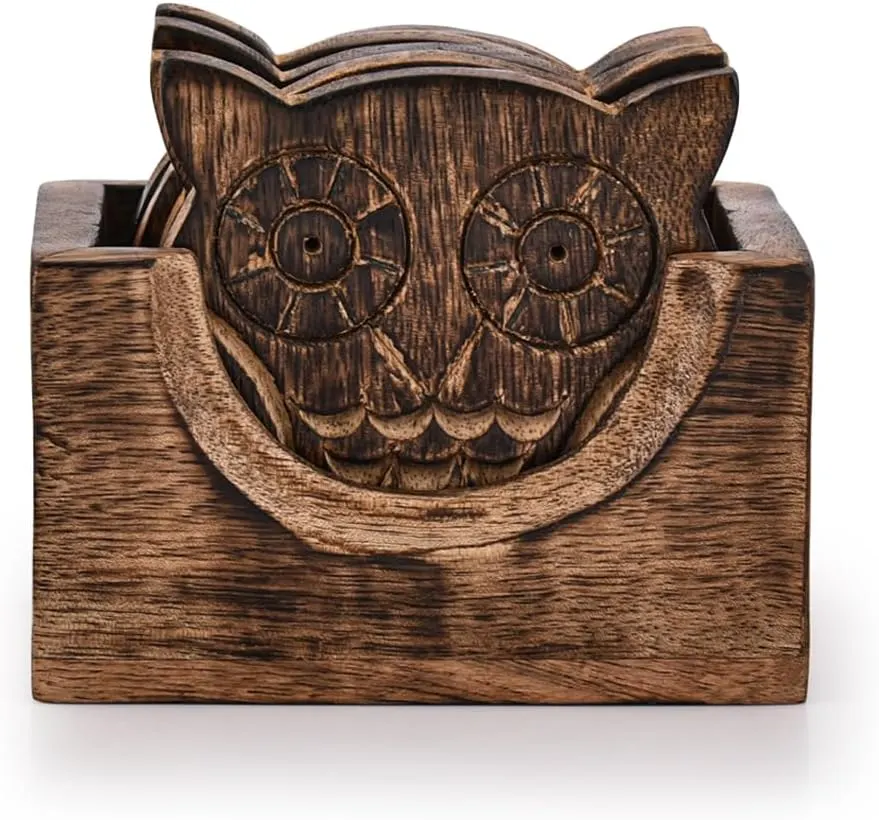 Owl-Shaped Wooden Coaster Set of 6