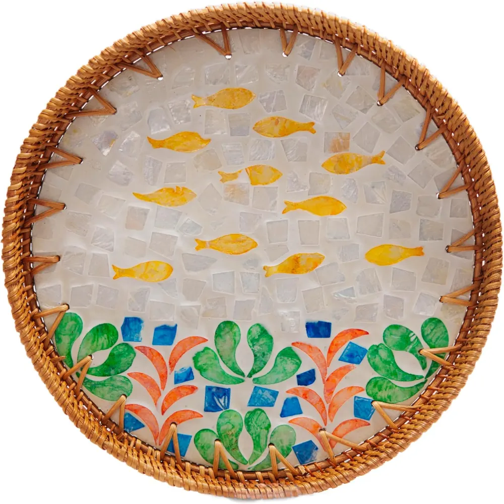Mother-of-Pearl Mosaic Fish Tray, Rattan Rim