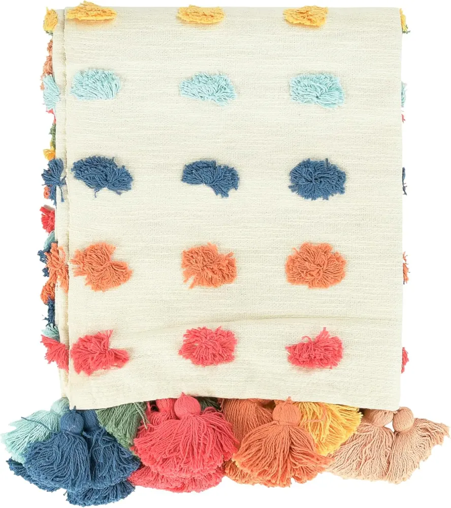 Woven Cotton Throw with Tufted Dots and Tassels