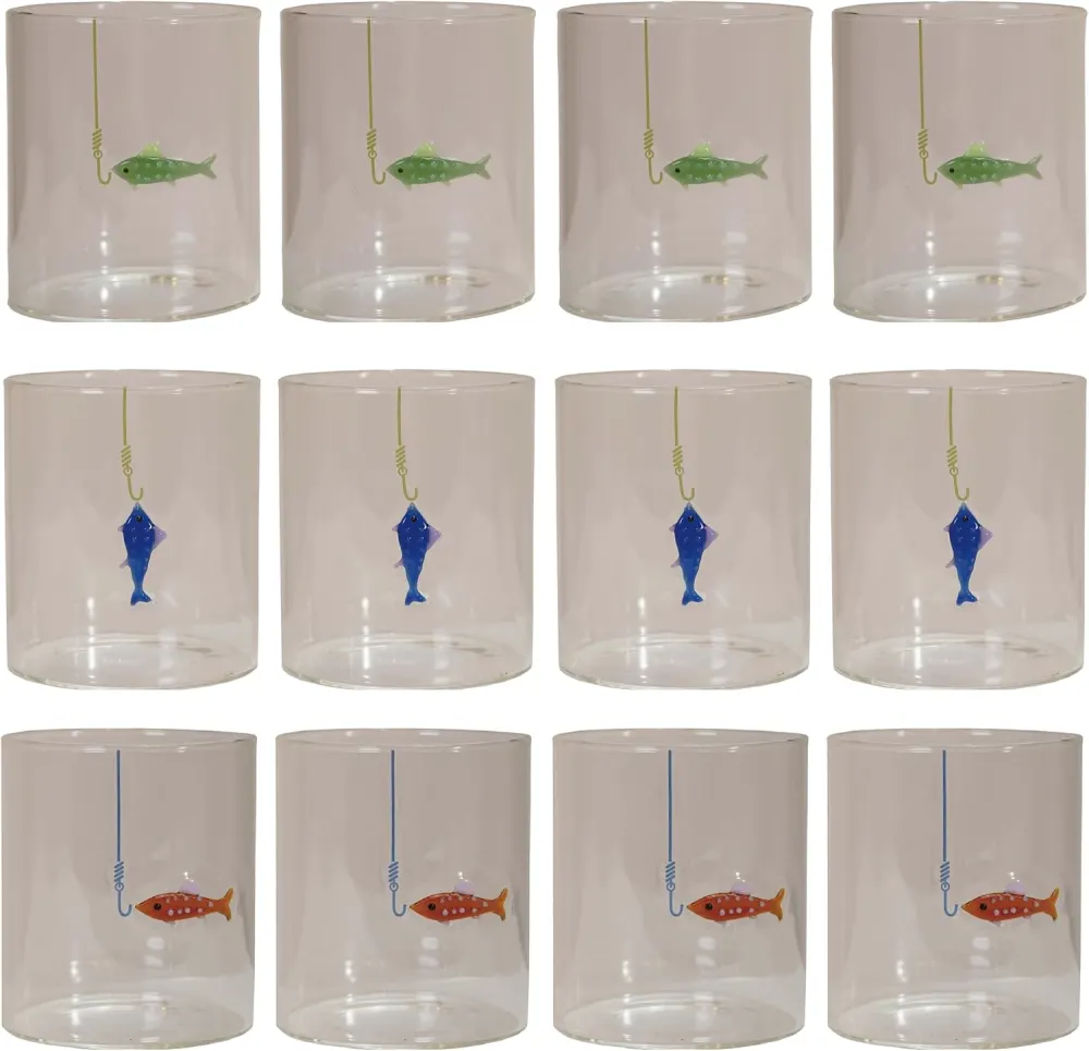 Hand-Blown Drinking Glasses with Fish on Hook, Set of 12