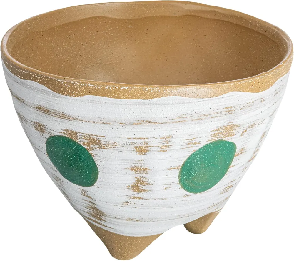 Boho Stoneware Footed Planter, Painted Geometric