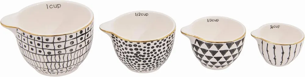 Black & White Stoneware Measuring Cups, Gold Rim, Set of 4