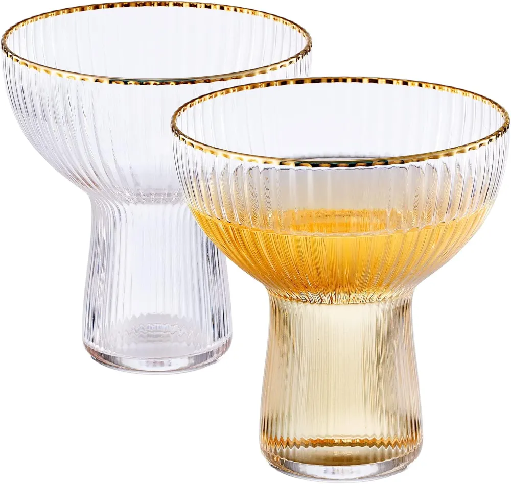 Ribbed Stemless Coupe Glasses, Gold Rim, Set of 2