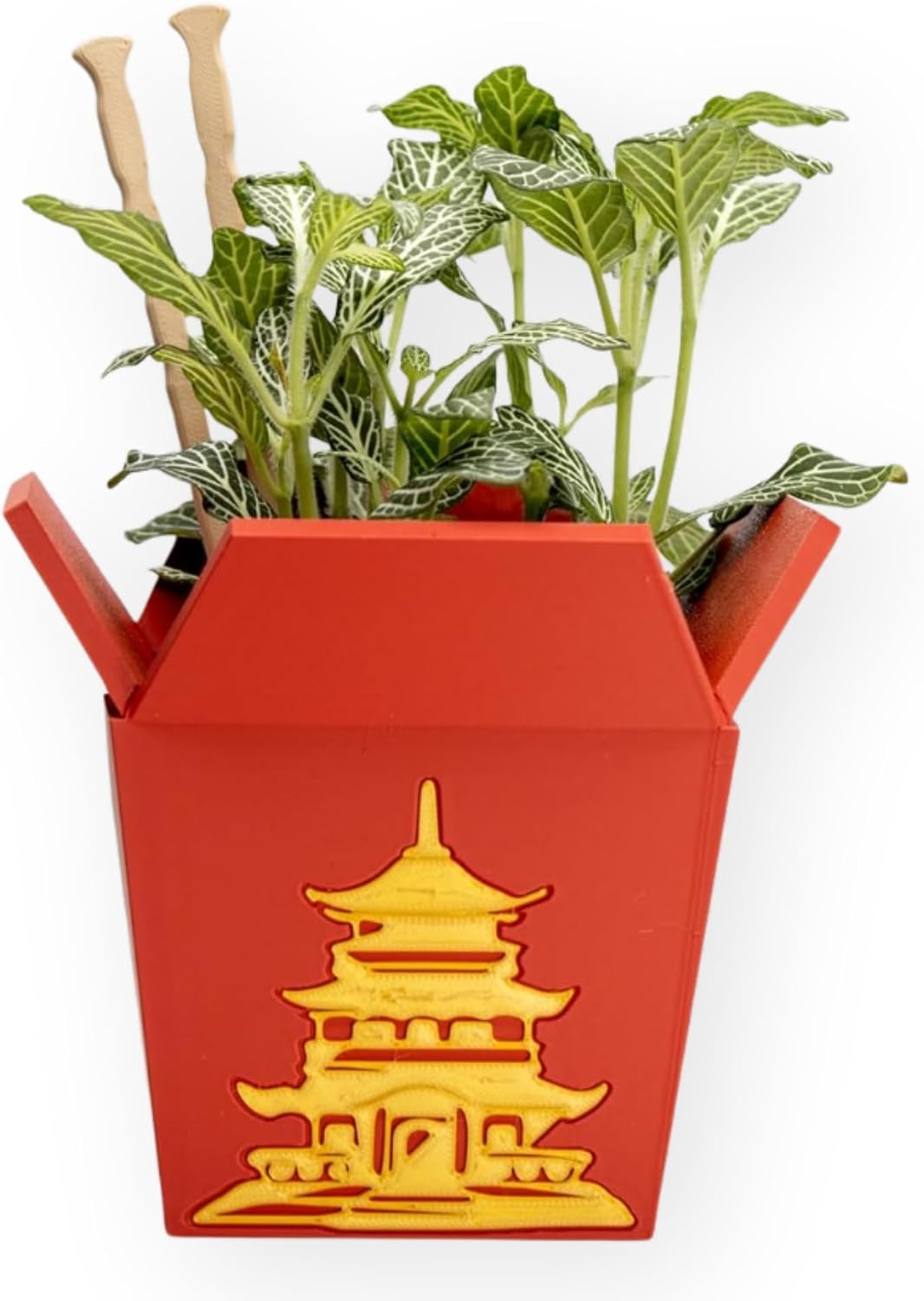 Chinese Take-Out Box Planter with Chopsticks (Red)