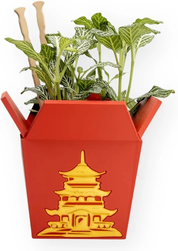 Chinese Take-Out Box Planter with Chopsticks (Red)