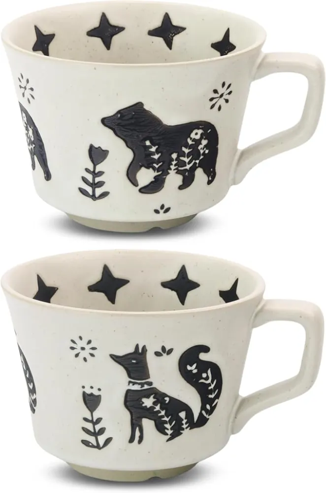 LINVIA Ceramic Coffee Mugs, Set of 2 (Fox and Bear)