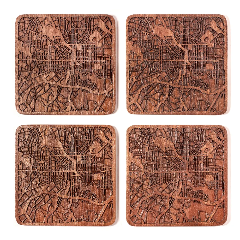 Baltimore Map Coaster by O3 Design Studio, Set of 4, Sapele Wood