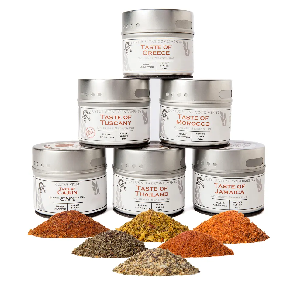 Gustus Vitae Gourmet World Flavors Seasoning Collection, 6 Magnetic Tins
