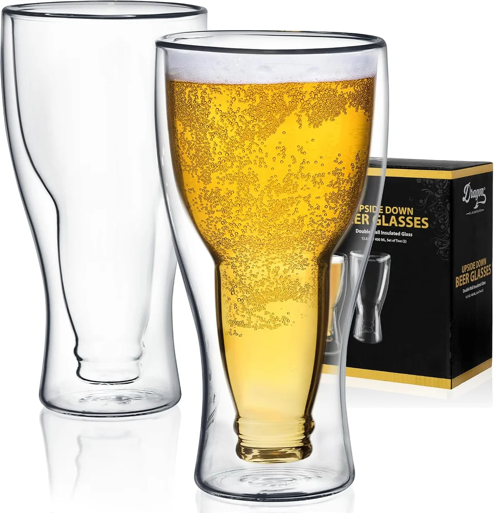 Dragon Glassware Upside Down Beer Glasses, 13.5 oz Set of 2 - Clear