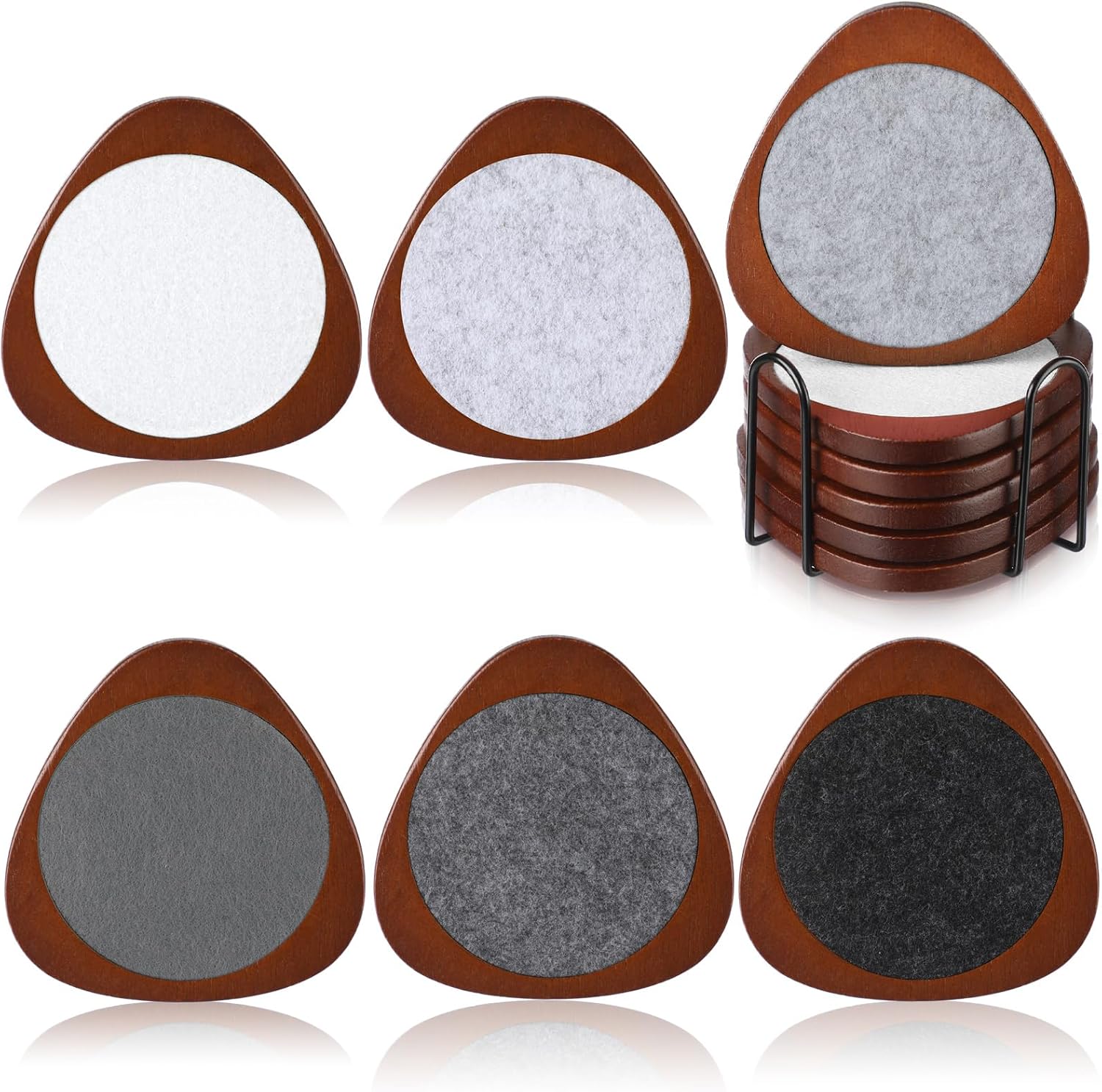 Newtay 6-Piece Mid Century Modern Wood Coasters with Stackable Holder, Felt-Backed, Light Gray