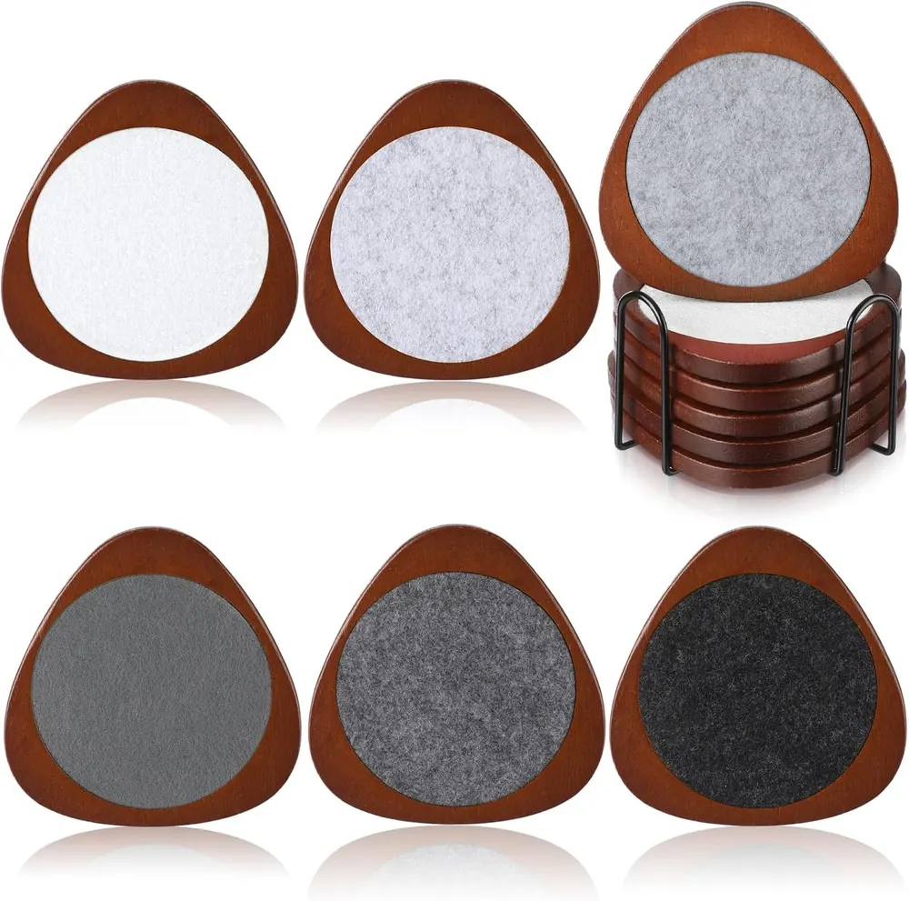 Newtay 6-Piece Mid Century Modern Wood Coasters with Stackable Holder, Felt-Backed, Light Gray