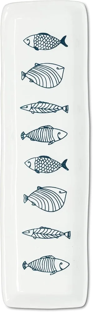 Abbott Collection Corfu Long Slim Fish Plate, Stoneware, White/Blue (12.5" L)