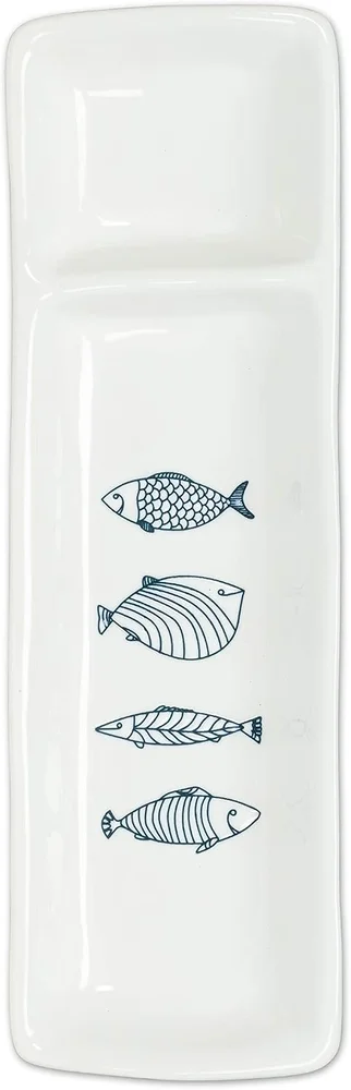 Abbott Collection Corfu 2 Section Fish Plate, Stoneware, White/Blue (11" L)