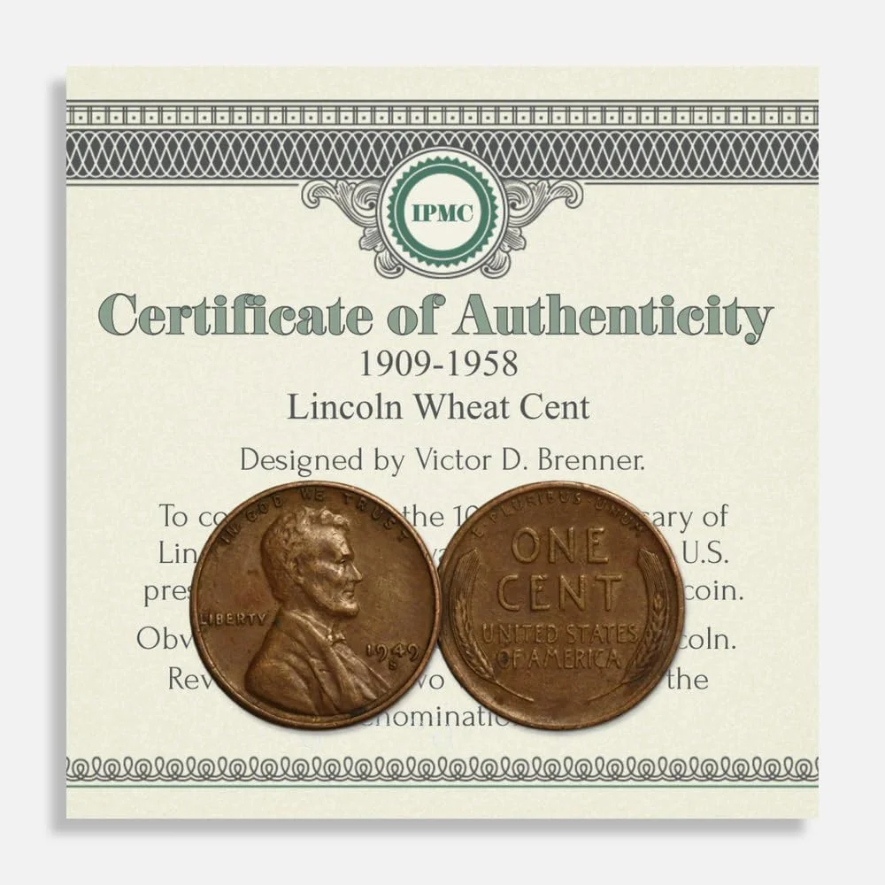 Lincoln Wheat Cent Penny, 1909-1958, Collector's Coin with COA