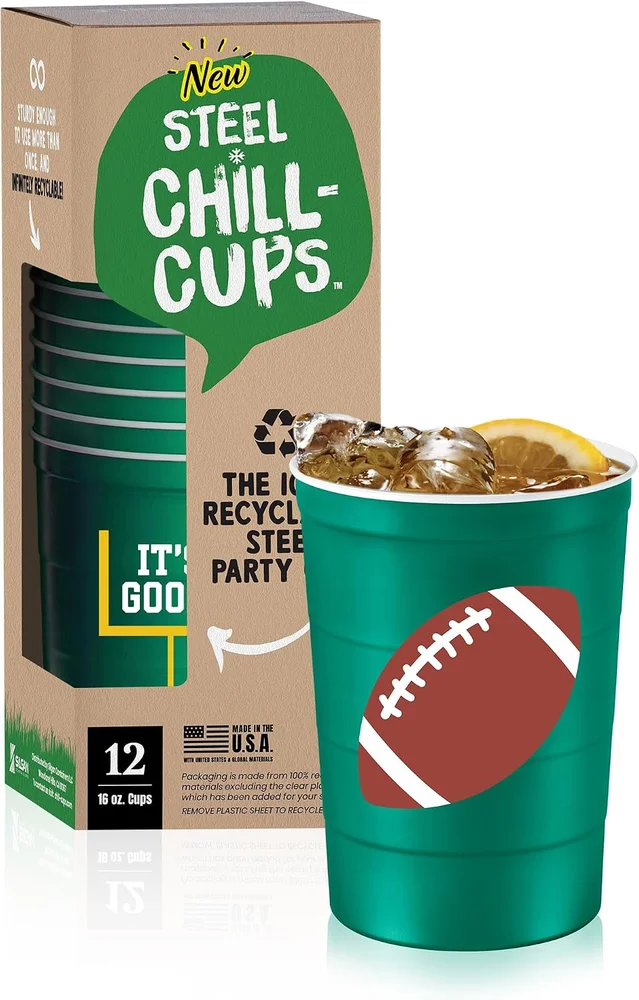 Steel Chill Cups, 16oz Reusable Party Cups, Football, Set of 12