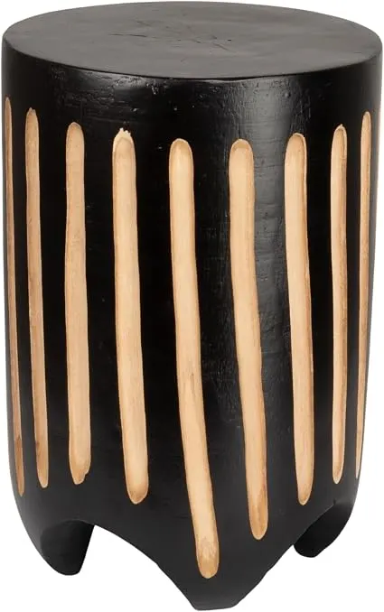Creative Co-Op Hand-Carved Wood Side Table with Vertical Stripes (Black)
