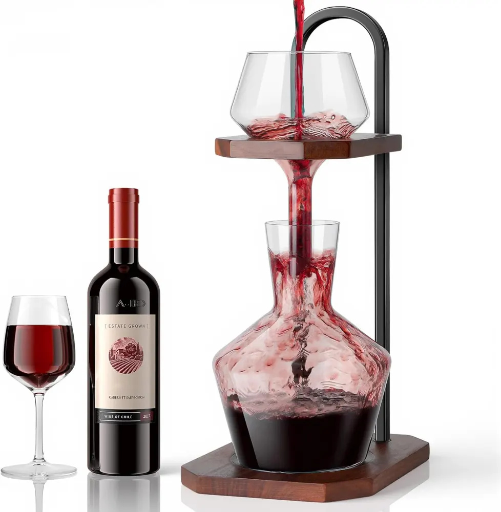 MAYELM High-Efficiency Wine Decanter with Wood Base and Stainless Steel Stand