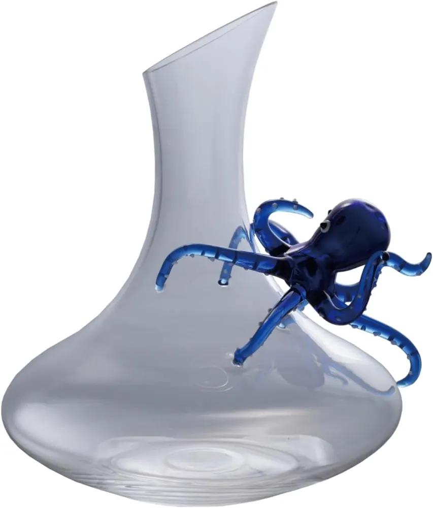 Creative Co-Op Hand-Blown Glass Decanter with Octopus, Blue & White (40oz)