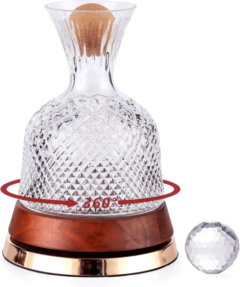 Diamond-Cut Rotating Wine Decanter with Wooden Base (360°)