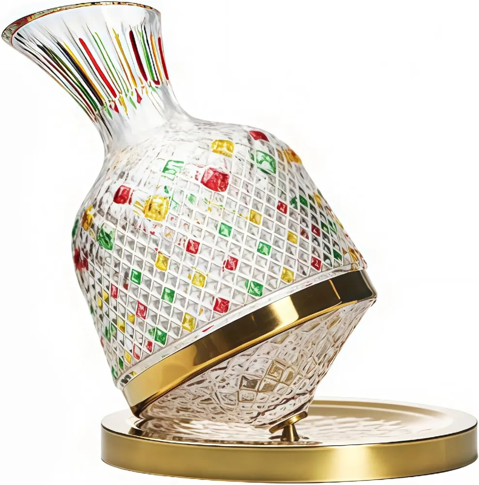 Rotating Mosaic Glass Wine Decanter with Gold Metal Base (25oz)