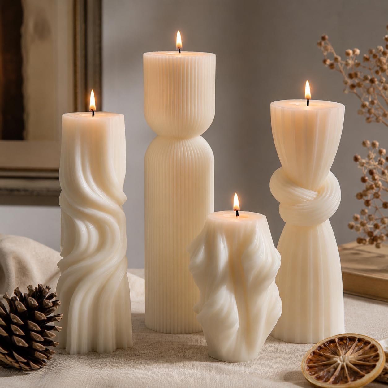 4-Pack Ribbed Soy Wax Pillar Candles (Pearl White)