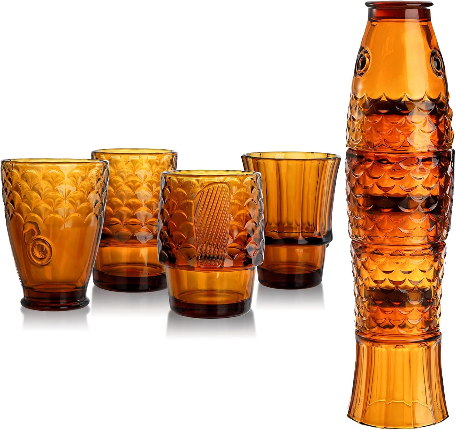 Frcctre Set of 4 Koi Fish Design Stackable Amber Tumbler Glasses