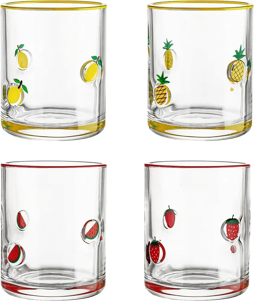 LIGOMEDA 4-Pack Fruit Icon Stemless Drinking Glasses, 14oz