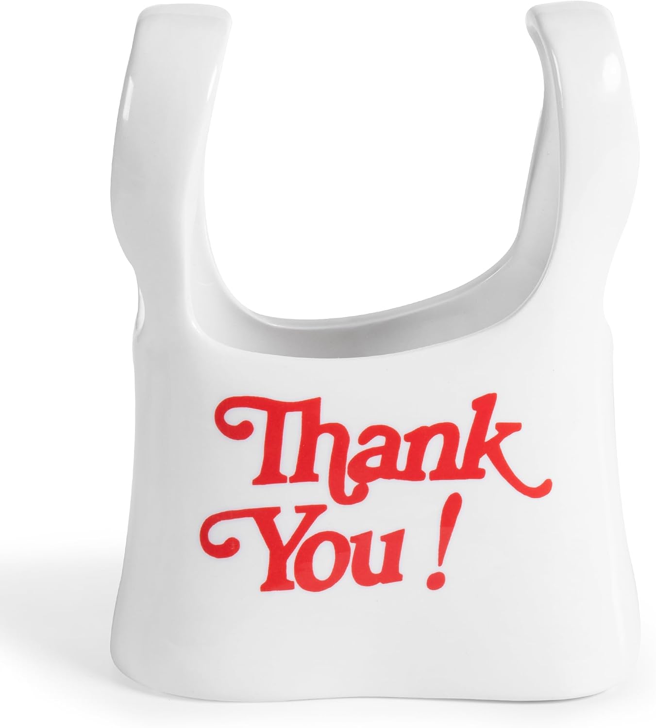 Handmade Ceramic Bag Flower Vase, Red "Thank You" Print, Glossy White