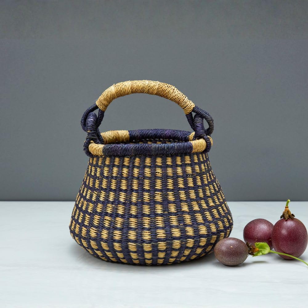 Small African Decorative Basket with Handle, Navy Black, 10 Inch Wide