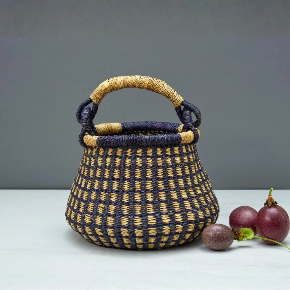 Small African Decorative Basket with Handle, Navy Black, 10 Inch Wide