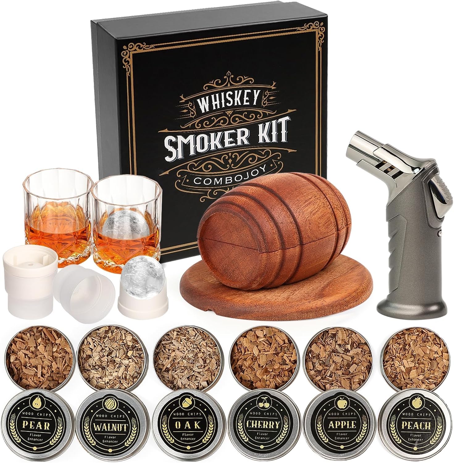 Whiskey Smoker Kit with Torch, 6 Flavors Wood Chips, 2 Glasses, 2 Ice Ball Molds
