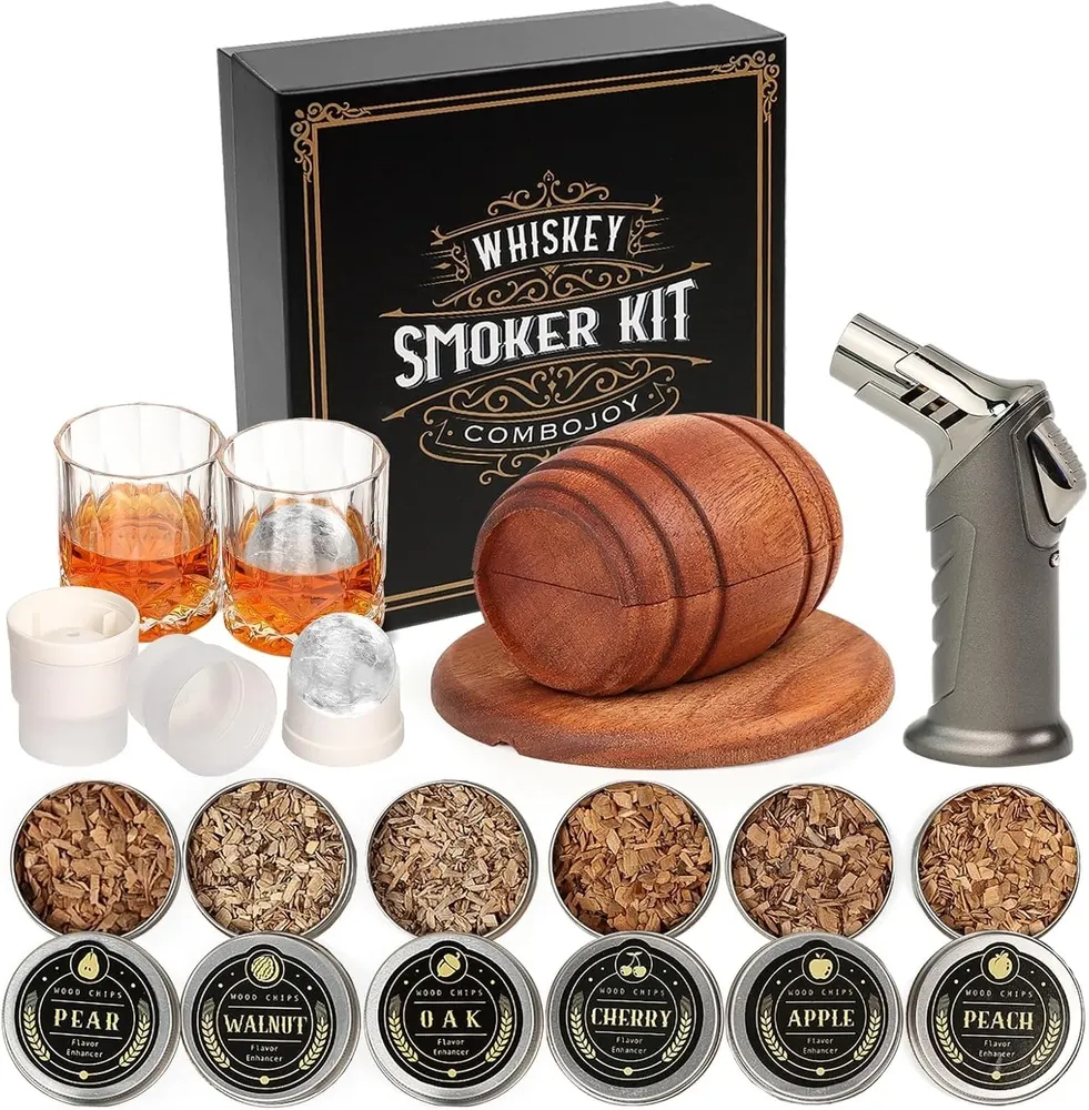 Whiskey Smoker Kit with Torch, 6 Flavors Wood Chips, 2 Glasses, 2 Ice Ball Molds