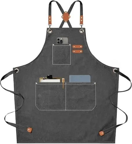 AFUN Cotton Canvas Chef Apron with Oversized Pockets (Grey)