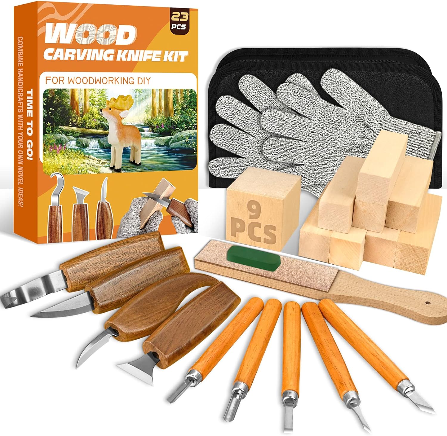 23-Piece Wood Carving Tool Set with Basswood Blocks and Polishing Compound