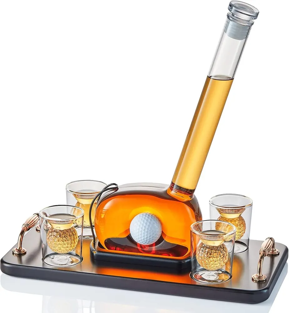 CRAFTGEN Golf Whiskey Decanter Set with 4 Golf Ball Shot Glasses