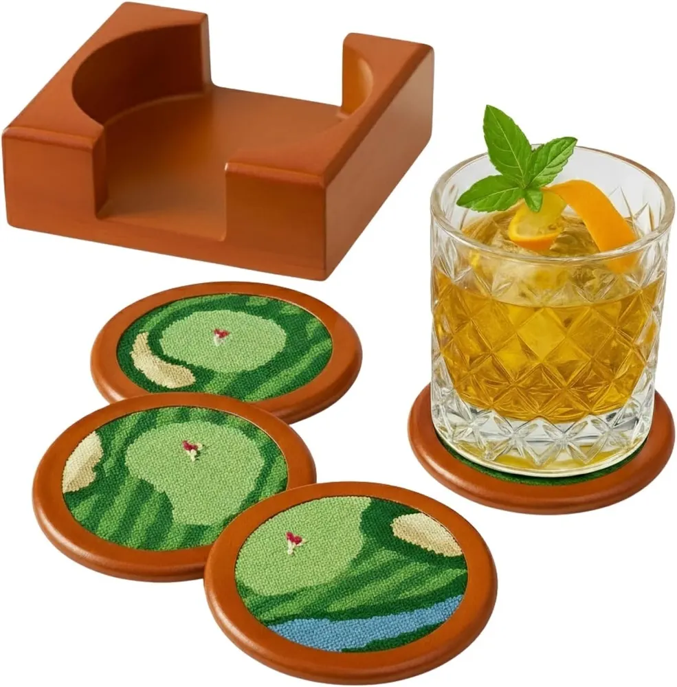 Khen Golf Hand-Stitched Needlepoint Coasters, Set of 4