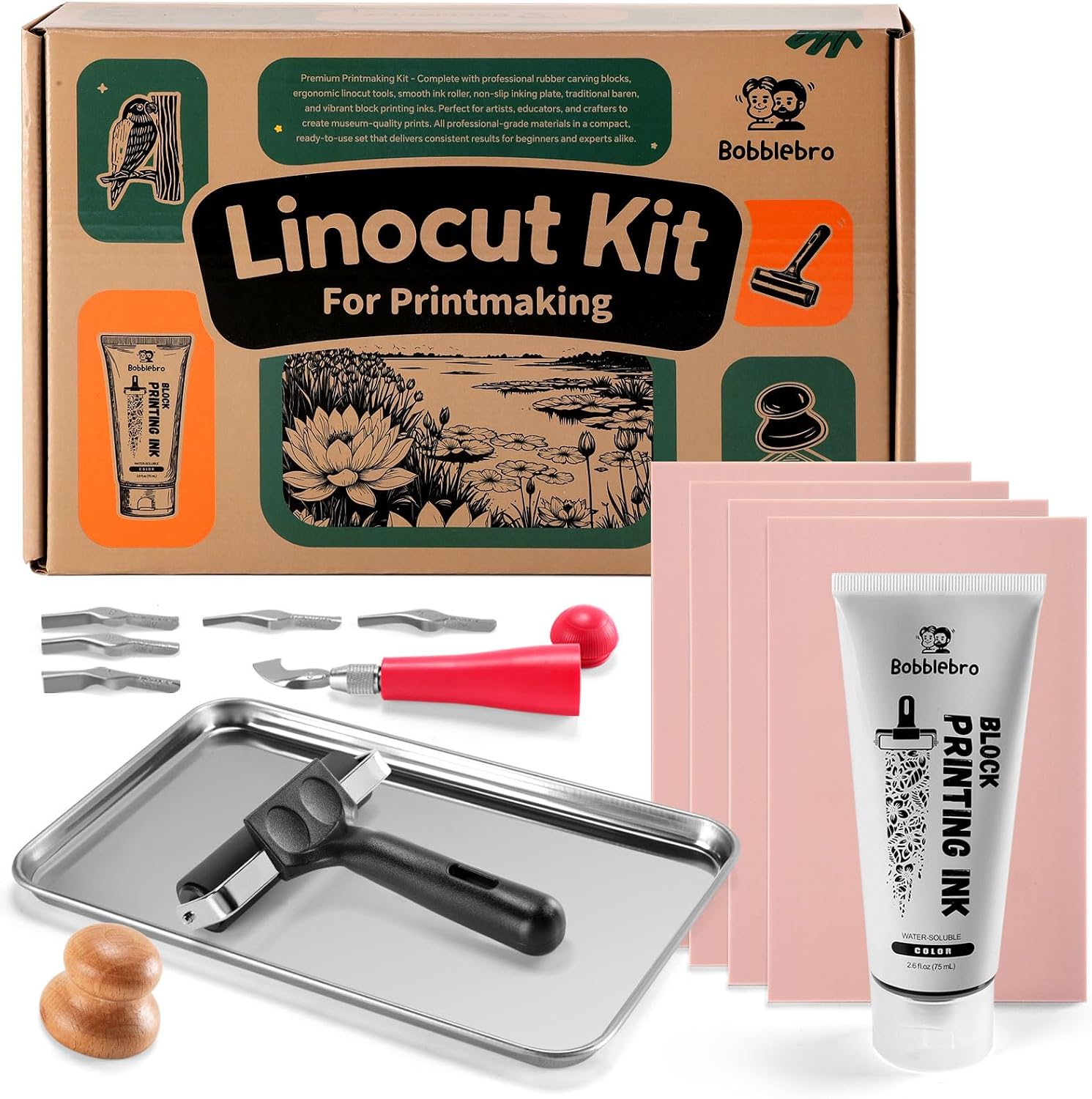 Bobblebro Linocut Kit for Printmaking, Stamp Making Kit with Carving Tools