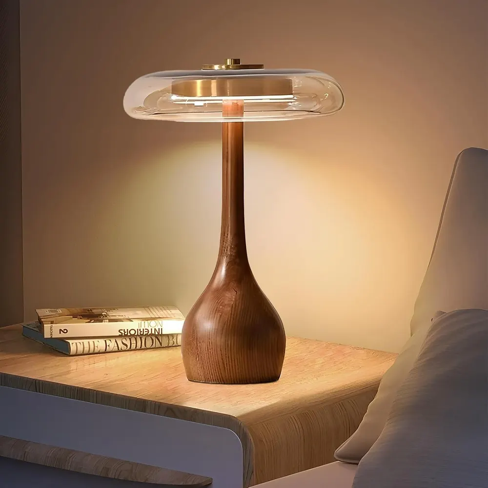 Wooden Base Teardrop Mushroom Table Lamp, Amber Glass Shade