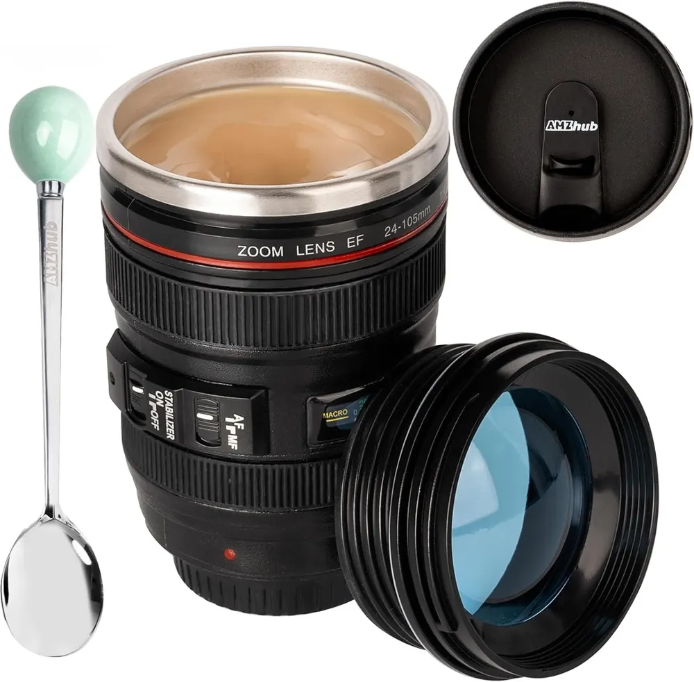 AMZHUB Camera Lens Coffee Mug, Stainless Steel Travel Cup (Blue)